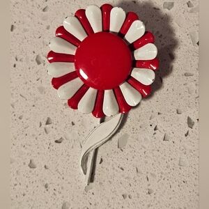 Vintage enamel red and white flower brooch pin